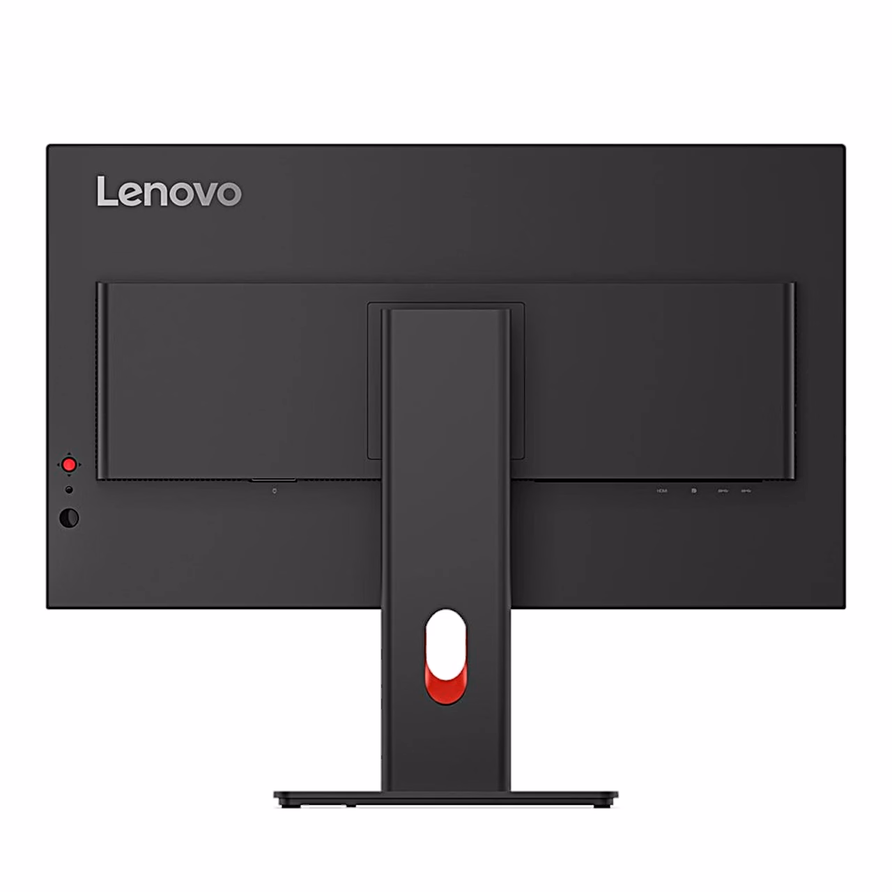 Monitori Lenovo ThinkVision T27Q-40 tagakülg otse tagant, alusel punane kaabliava