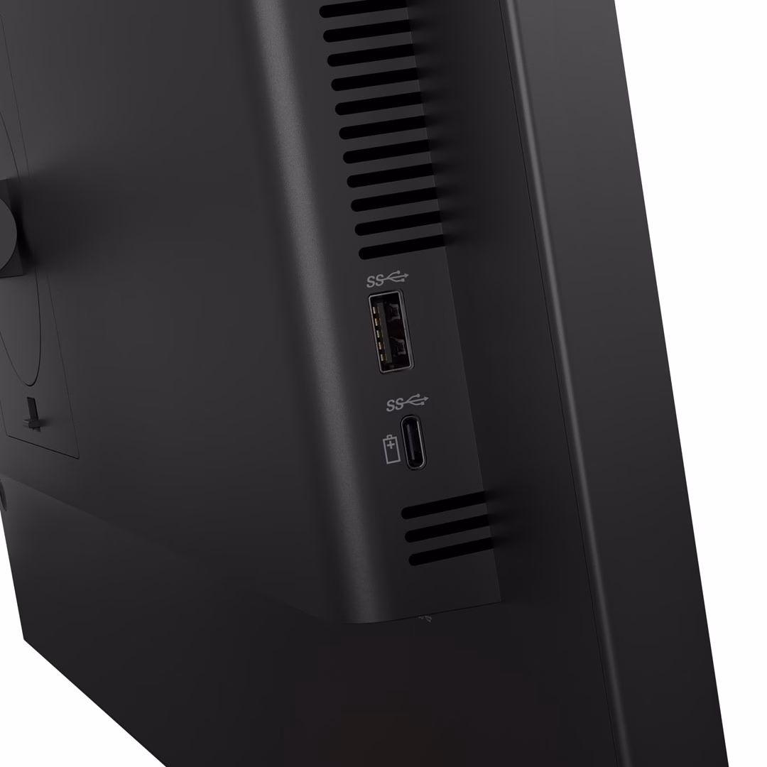 Lenovo ThinkVision T27Q-40 kuvari küljel USB-A- ja USB-C-port lähivaates