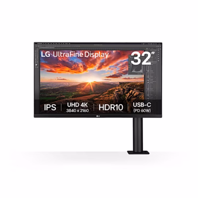 Arvutimonitor LG 32UN880K-B eestvaates, ekraanil IPS, UHD 4K ja HDR10 tähised