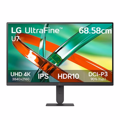 Arvutimonitor LG UltraFine 27U710B eestvaates, ekraanil UHD 4K, IPS ja HDR10 tähised