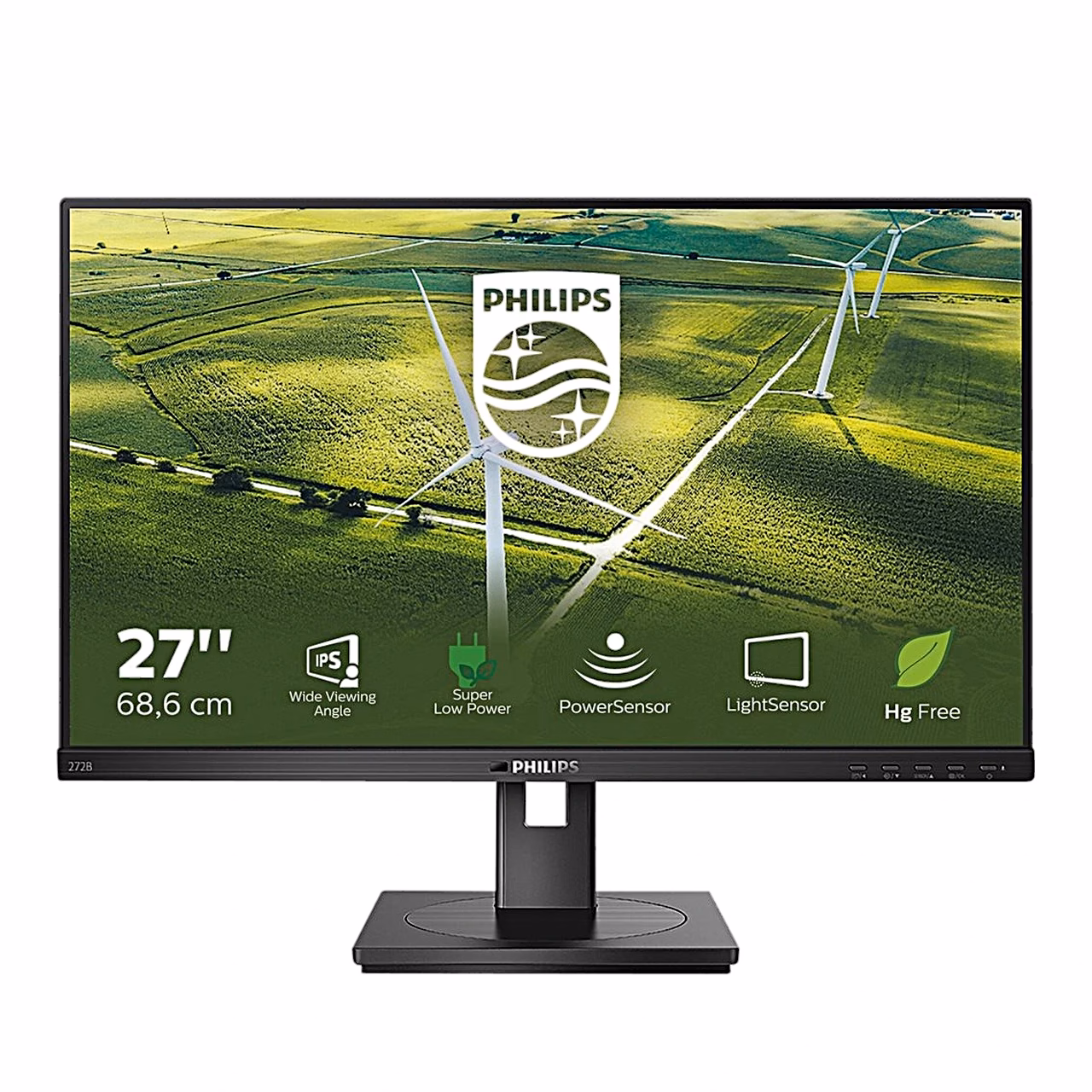 Philips 272B1G/00 monitor otse eest, ekraani all Philipsi logo ja juhtnupud