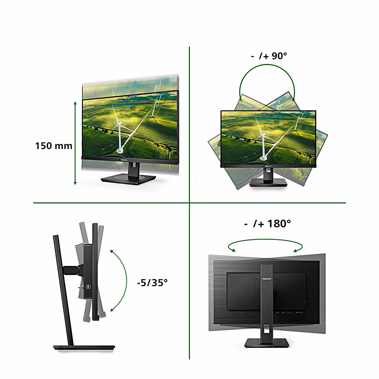 Philips 272B1G/00 aluse reguleerimine: 150 mm kõrgus, portreeasend, kallutus ja pööramine