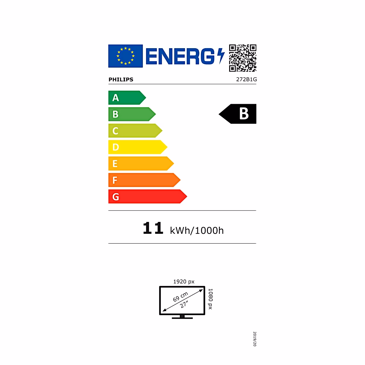 Philips 272B1G arvutimonitori ELi energiamärgis, energiatõhususe klass B ja 11 kWh/1000 h
