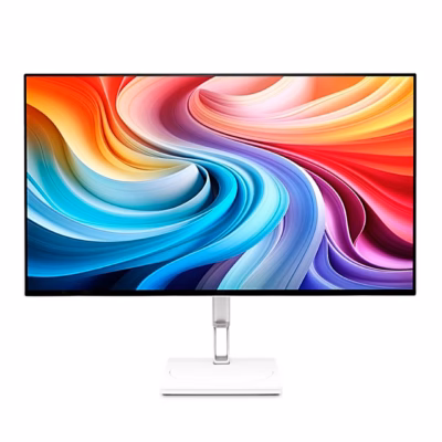 Valge mängurimonitor Acer CE270U X eestvaates värvilise taustapildiga