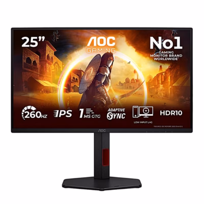 Mängurimonitor AOC 25G4ZR otse eest, ekraanil mudeli peamised näitajad