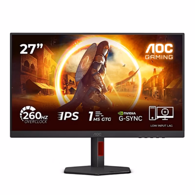 Must mängurimonitor AOC 27G4ZR eestvaates punase alusepostiga