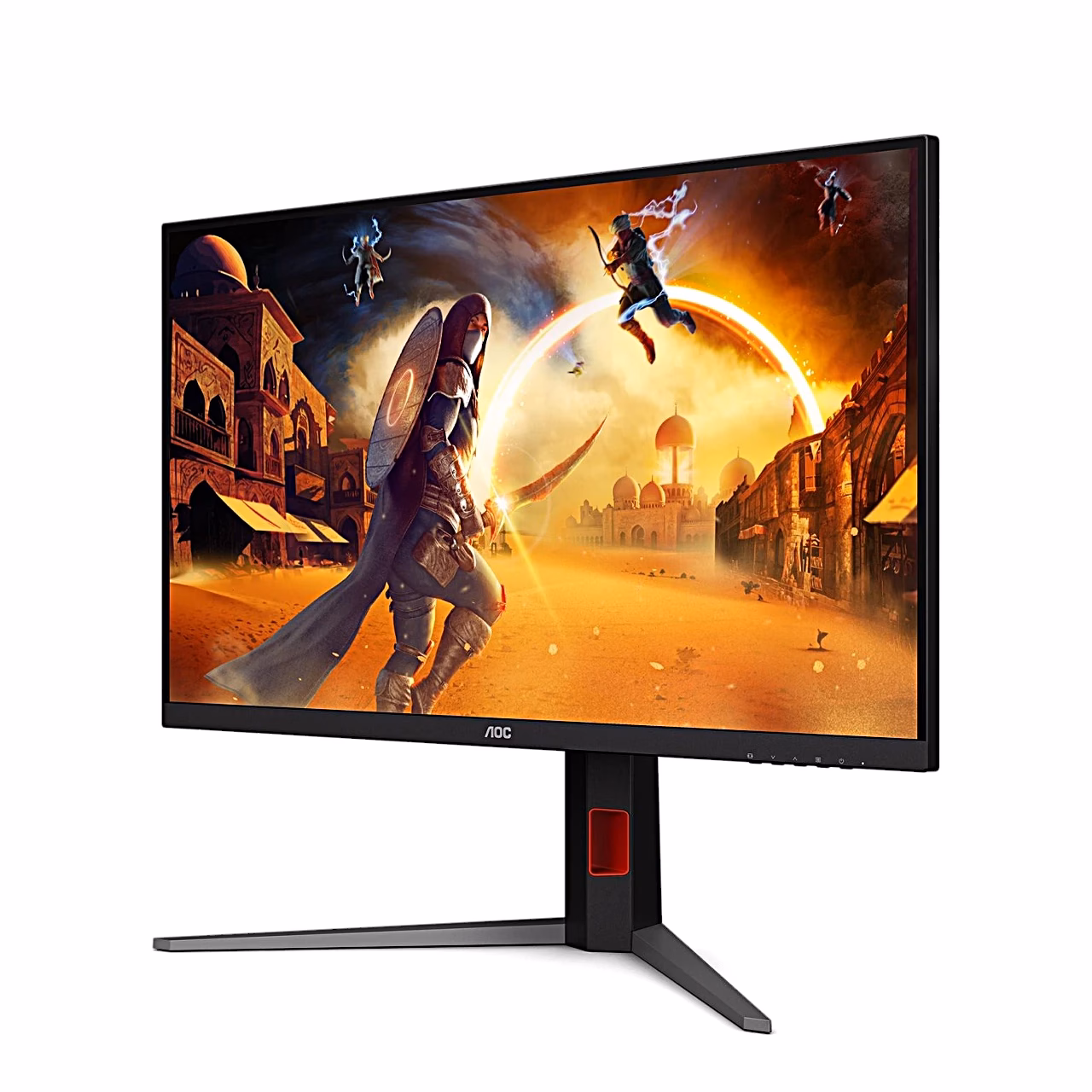 AOC U32G4U 4K monitor vasakult küljelt, punase detailiga alusepost