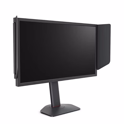 BenQ ZOWIE XL2540X+ mängurimonitor vasakult eest, küljel tumehall varjuklapp