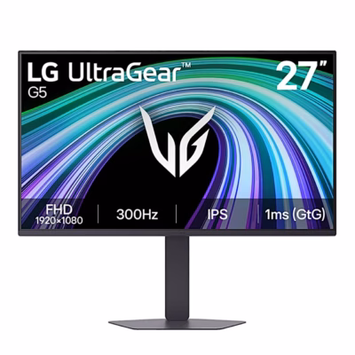 LG 27G550B-B mängurimonitor eestvaates, ekraanil UltraGeari logo ja põhiandmed