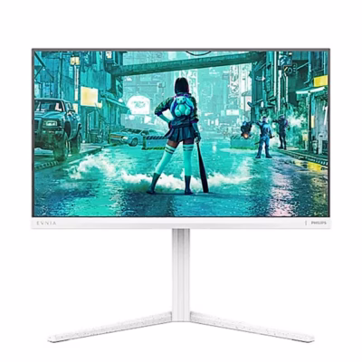 Valge mängurimonitor Philips Evnia 24M2N3201P eestvaates kolmjalgse alusega