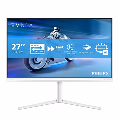 Valge mängurimonitor Philips 27M2N5901A eestvaates kolmjalgsel alusel