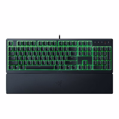 Razer Ornata V3 X mänguklaviatuur rohelise valgusega ülaltvaates koos randmetoega