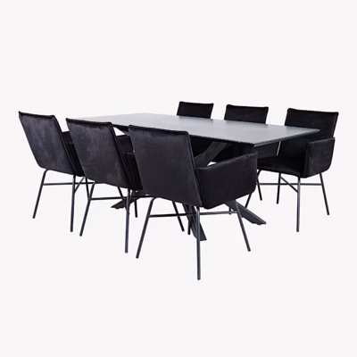 Ristkülikukujuline söögilauakomplekt Piazza (must MDF, 6 musta veluurist tooli), GR22522
