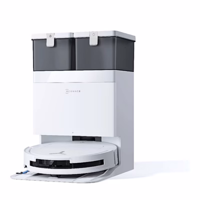 Robottolmuimeja Ecovacs DEEBOT T50 OMNI Gen3 valges OMNI-jaamas, vaade vasakult