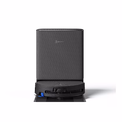 Robottolmuimeja Ecovacs DEEBOT T90 PRO OMNI musta puhastusjaama sees, eestvaade