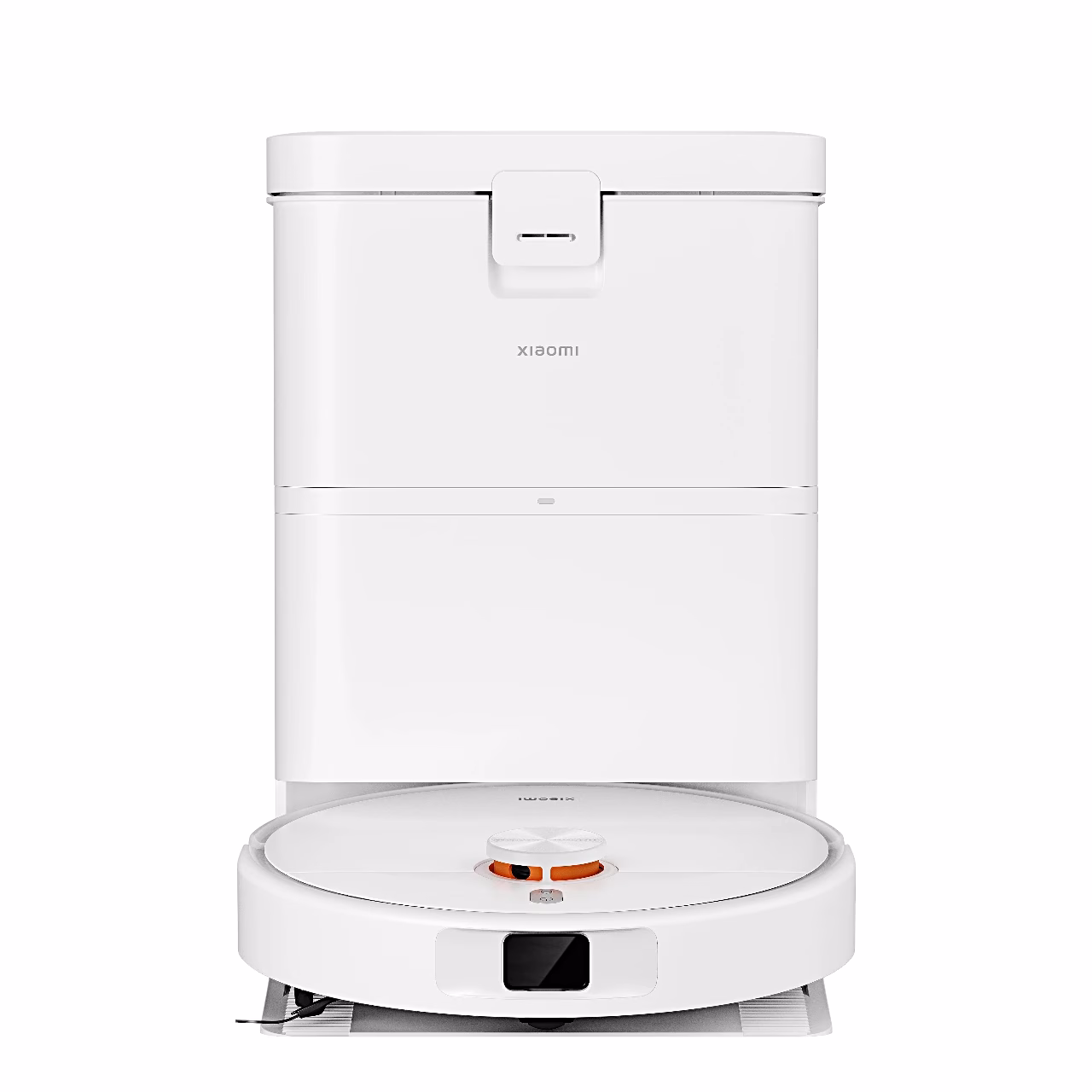 Valge robottolmuimeja Xiaomi H50 puhastusjaamas, vaade otse eest