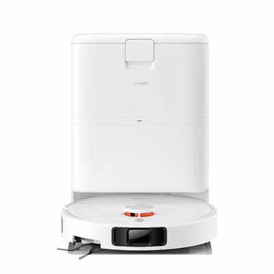 Valge robottolmuimeja Xiaomi H50 Pro puhastusjaamas, vaade otse eest