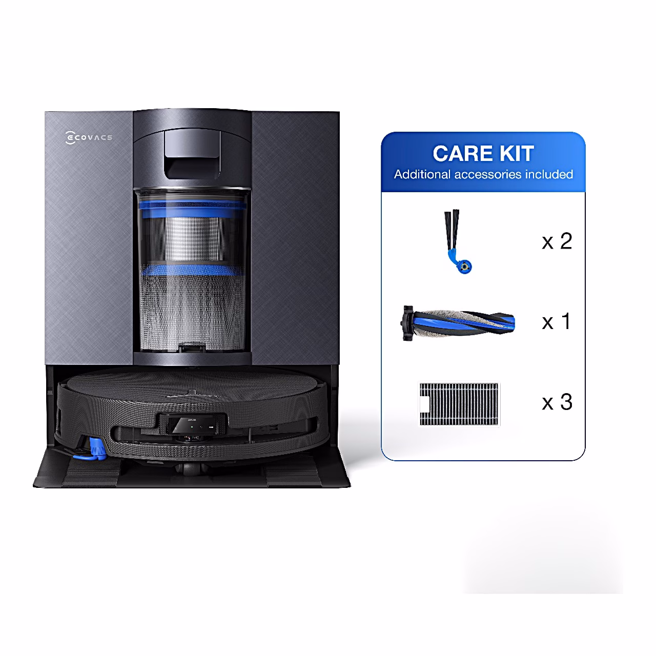 Ecovacs DEEBOT X11S OmniCyclone Care Kit jaamas koos külgharjade, põhiharja ja filtritega