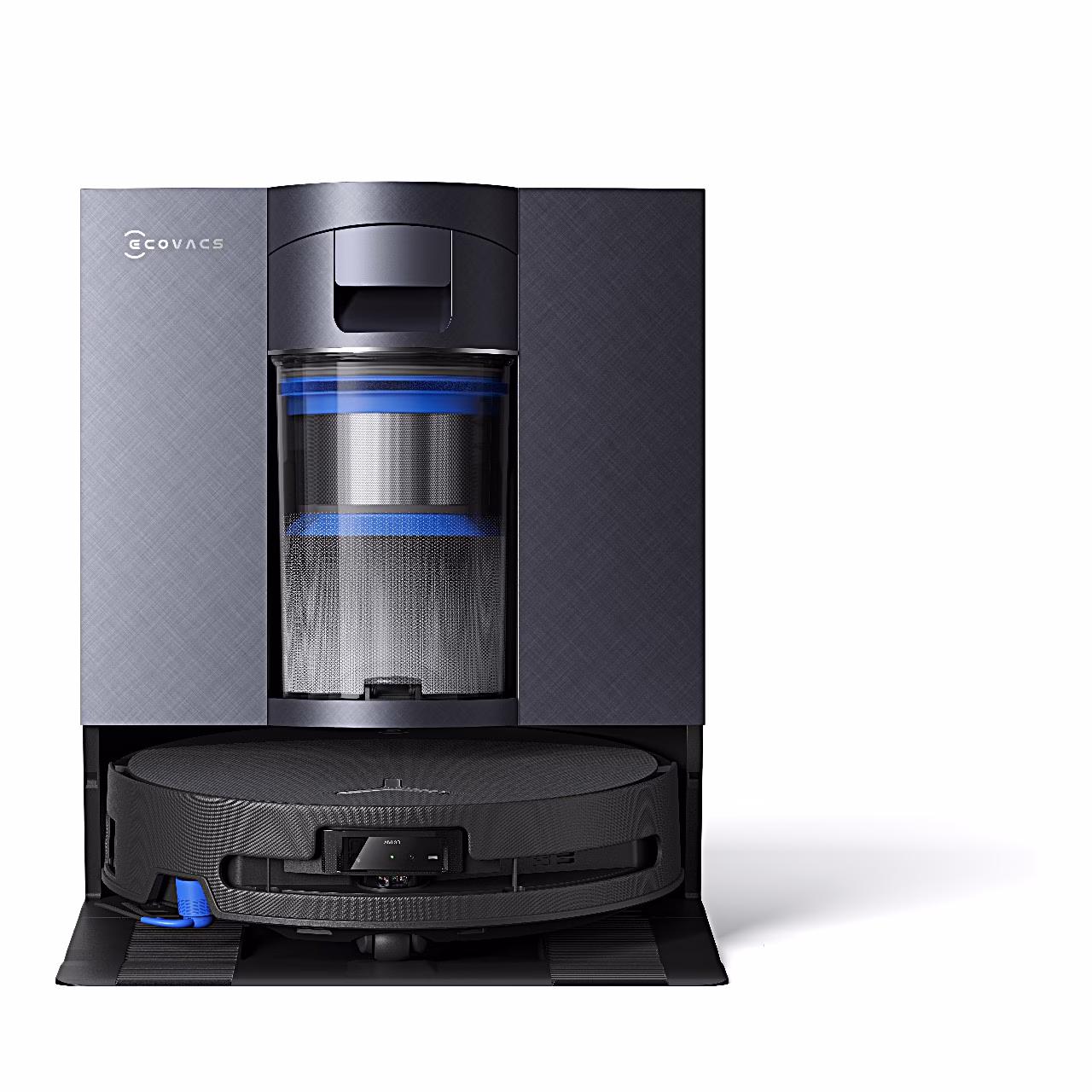 Robot tolmuimeja Ecovacs DEEBOT X11S OmniCyclone kotivabas puhastusjaamas eestvaates