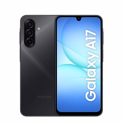 Must nutitelefon Samsung Galaxy A17 eest ja tagant, ekraanil mudeli nimi