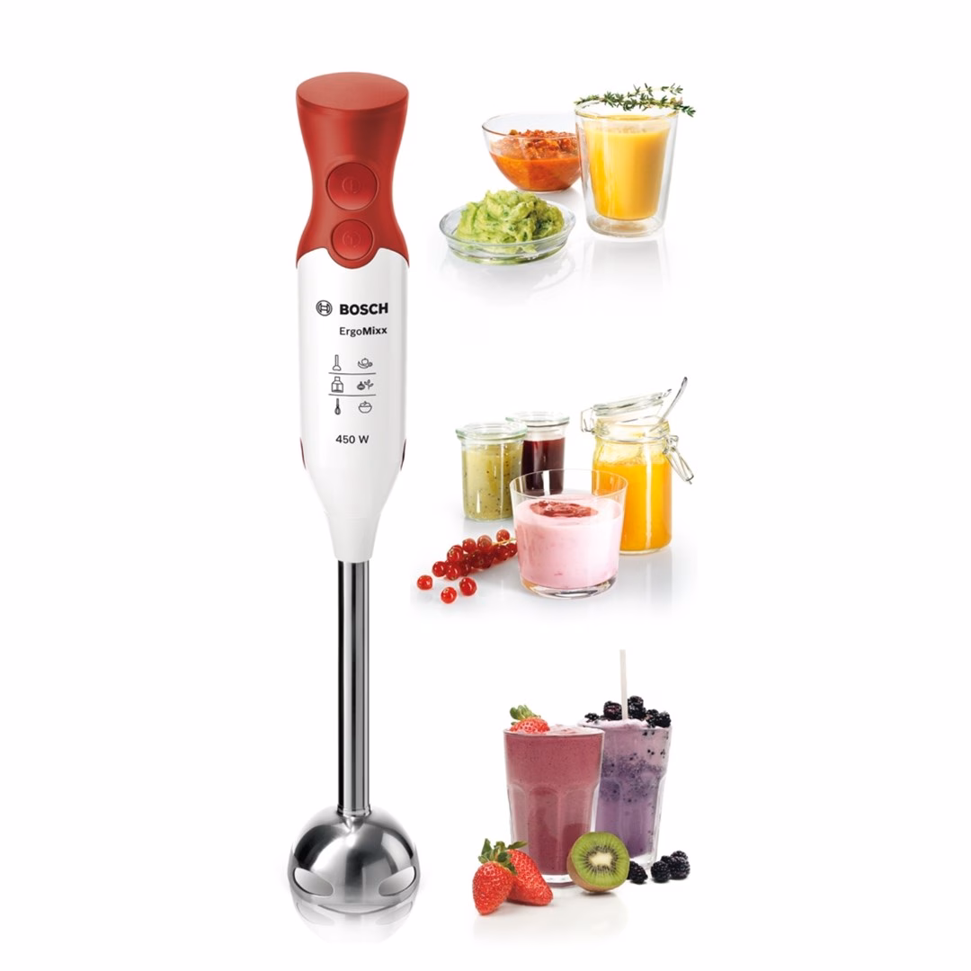 Käsiblender Bosch ErgoMixx MSM64110 ning smuutid, kastmed ja püreed klaasides
