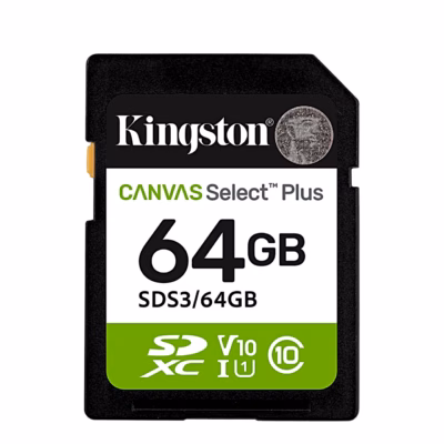 Kingston Canvas Select Plus 64 GB SDXC mälukaart eestvaates rohelise sildiga