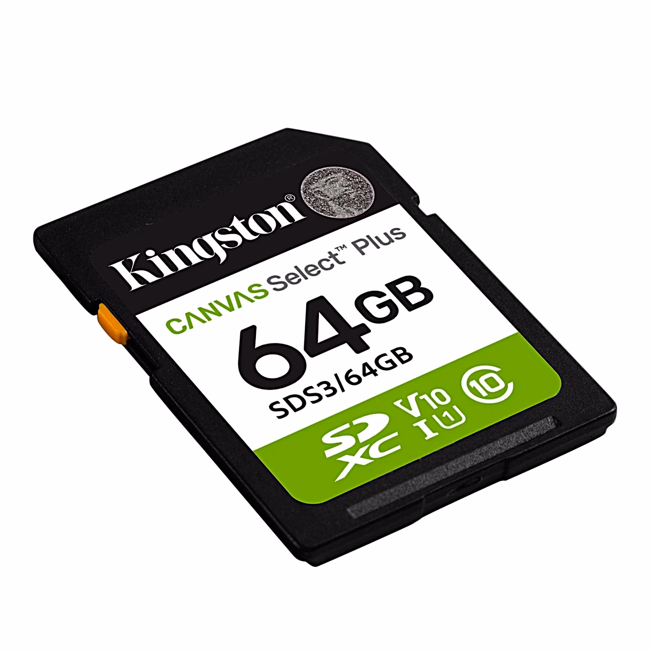 Kingston Canvas Select Plus SDS3/64GB SDXC mälukaart nurga alt vaadatuna