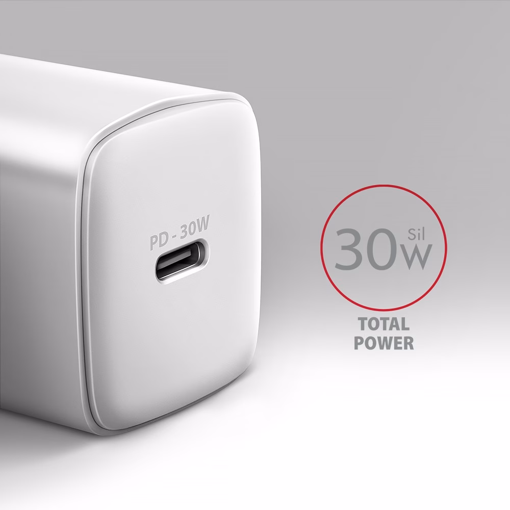 AXAGON ACU-PD30W USB-C-pordi lähivaade ja 30 W koguvõimsuse märk