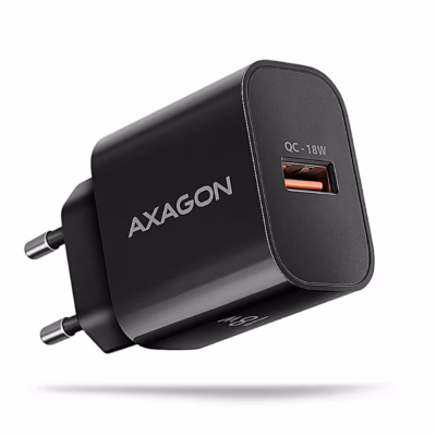 Must seinalaadija AXAGON ACU-QC18 USB-A-pordi ja europistikuga, nurgavaade