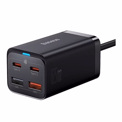 Seinalaadija Baseus GaN3 Pro, 65 W, 2× USB‑C + USB 2.0 + Micro‑USB, must