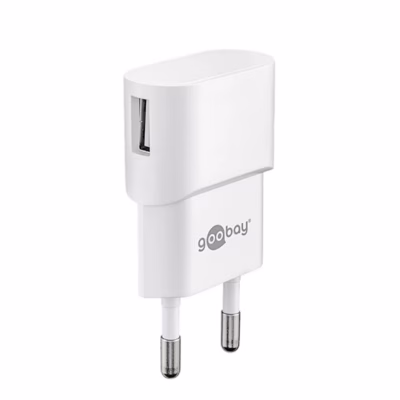 Valge seinalaadija Goobay 44948 USB-A-pordi ja Euro-pistikuga eestvaates