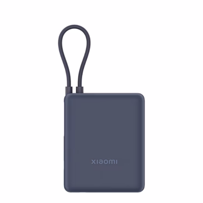 Sinine Xiaomi 33 W Power Bank akupank, sisseehitatud USB-C-kaabel aasana üleval