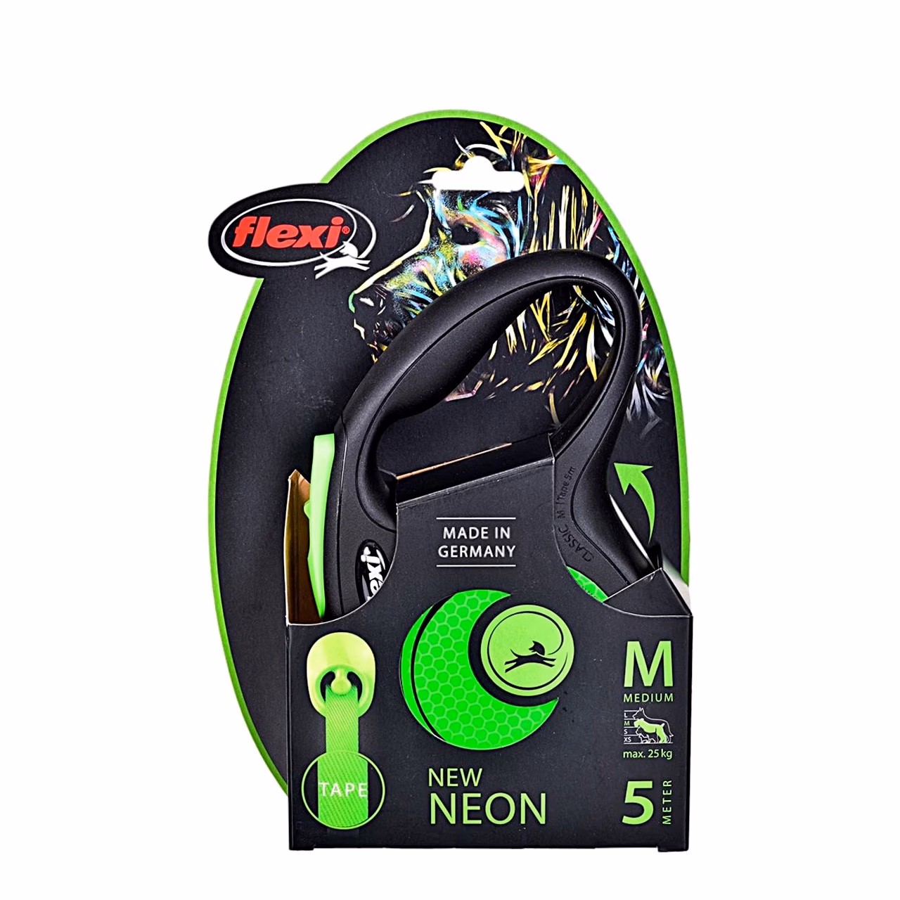 Sissetõmmatav jalutusrihm flexi New Neon M, lint 5 m, kuni 25 kg, roheline