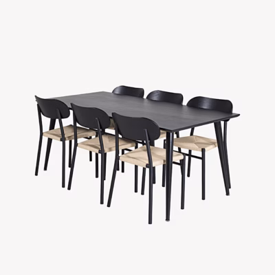 Söögilaud Dipp koos Polly toolidega (must vineer, 180×90 cm, rotangist iste), GR24030