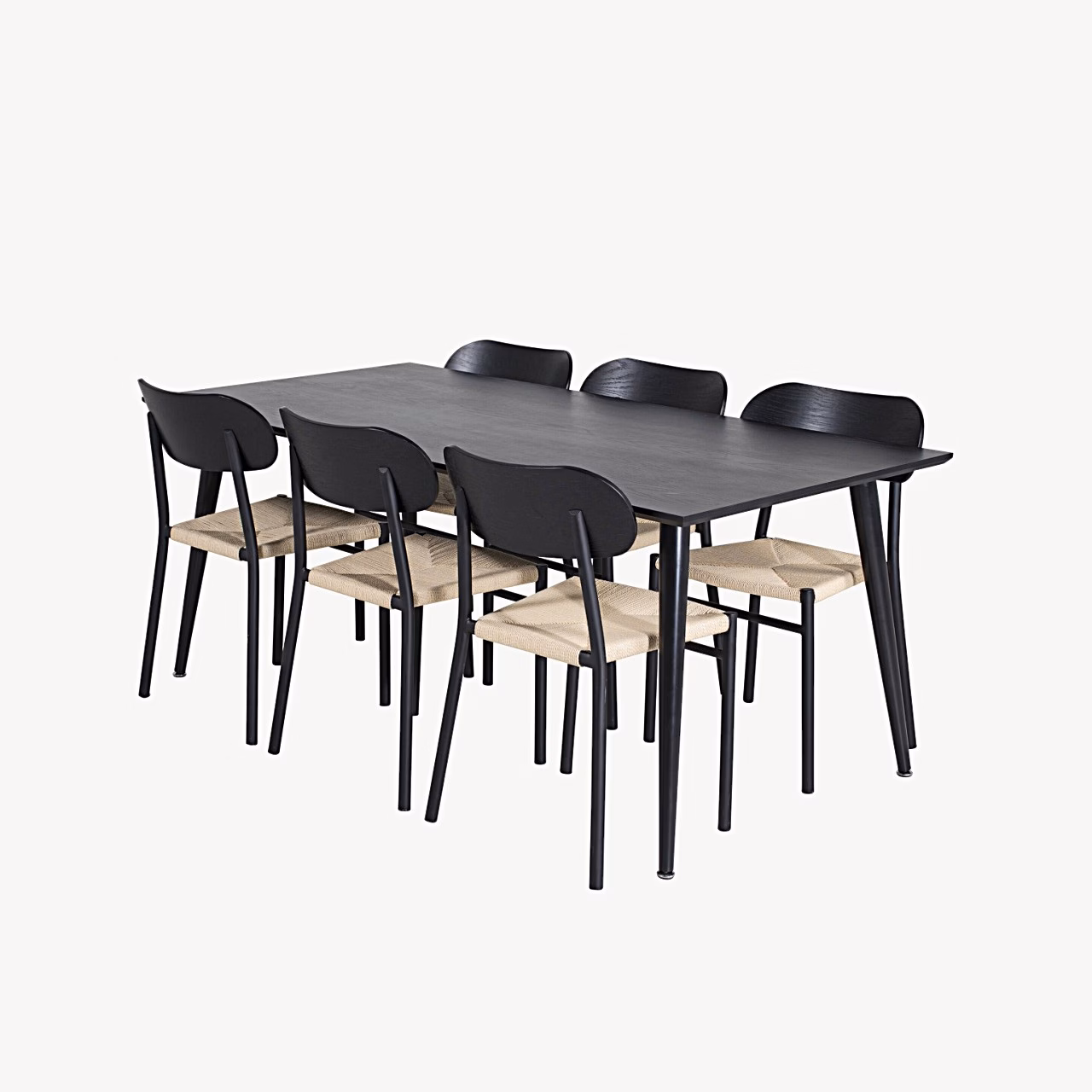 Söögilaud Dipp koos Polly toolidega (must vineer, 180×90 cm, rotangist iste), GR24030
