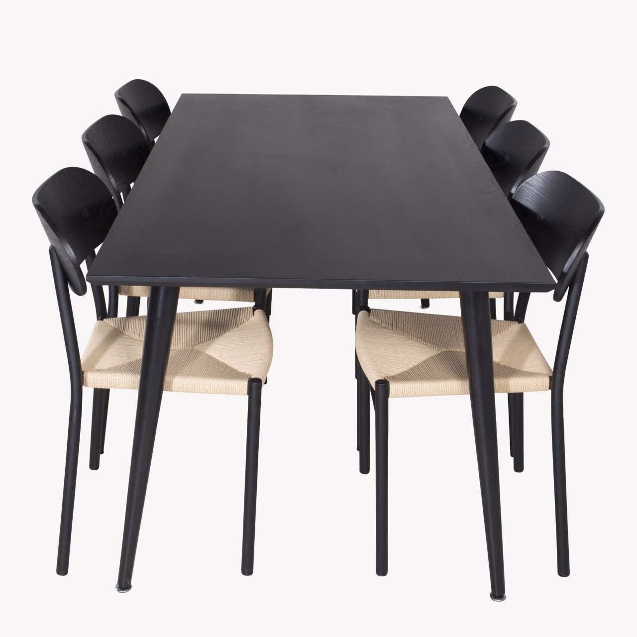 Söögilaud Dipp koos Polly toolidega (must vineer, 180×90 cm, rotangist iste), GR24030