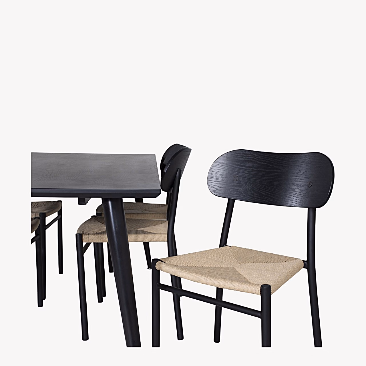 Söögilaud Dipp koos Polly toolidega (must vineer, 180×90 cm, rotangist iste), GR24030