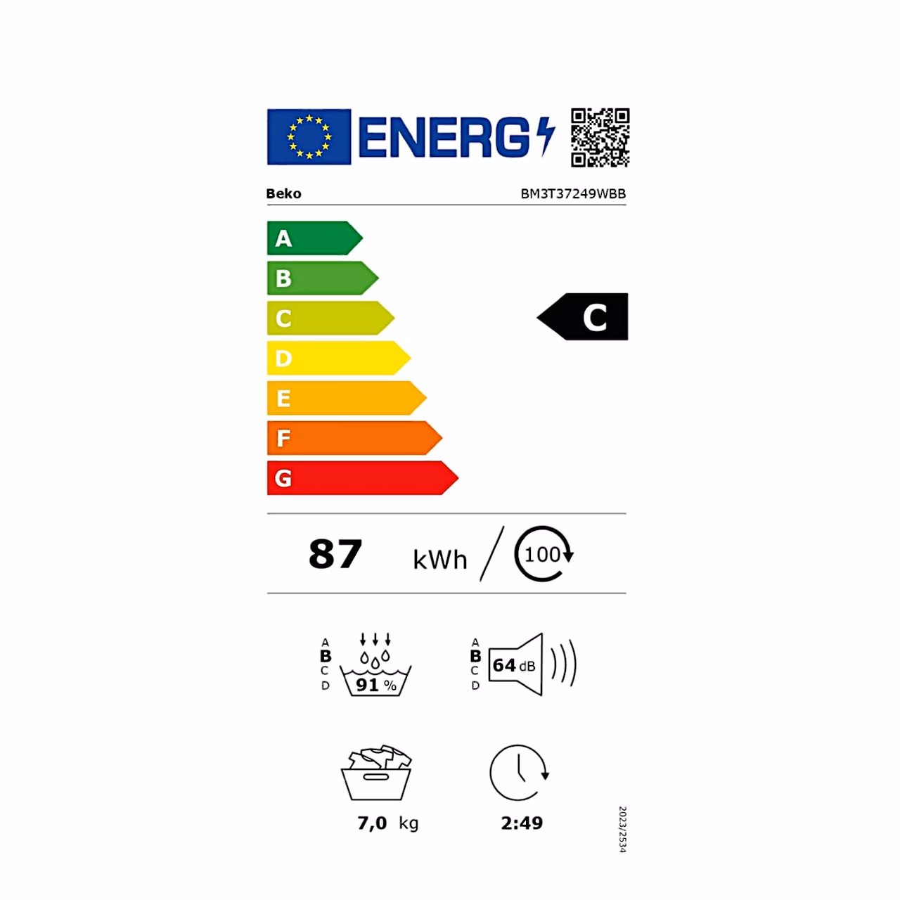 Pesukuivati Beko BM3T37249WBB energiamärgis klassiga C ja 87 kWh