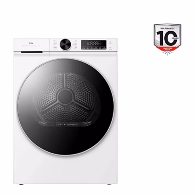 Valge soojuspumbaga pesukuivati TCL DP0844WE0 eestvaates tumeda ukseklaasiga