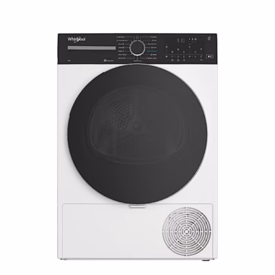 Valge soojuspumbaga pesukuivati Whirlpool WP B8X WBS EE musta ukse ja paneeliga