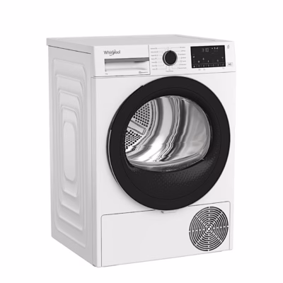 Valge soojuspumbaga pesukuivati Whirlpool WP D9 WBS EE nurga alt
