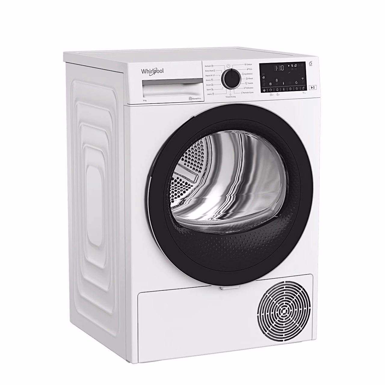 Valge soojuspumbaga pesukuivati Whirlpool WP D9 WBS EE nurga alt