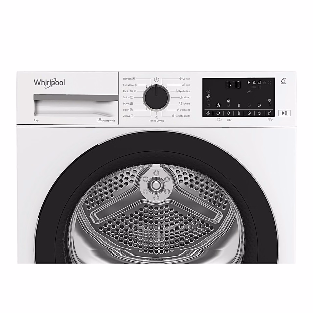 Trummelkuivati Whirlpool WP D9 WBS EE juhtpaneel ja ukseklaasi ülaosa