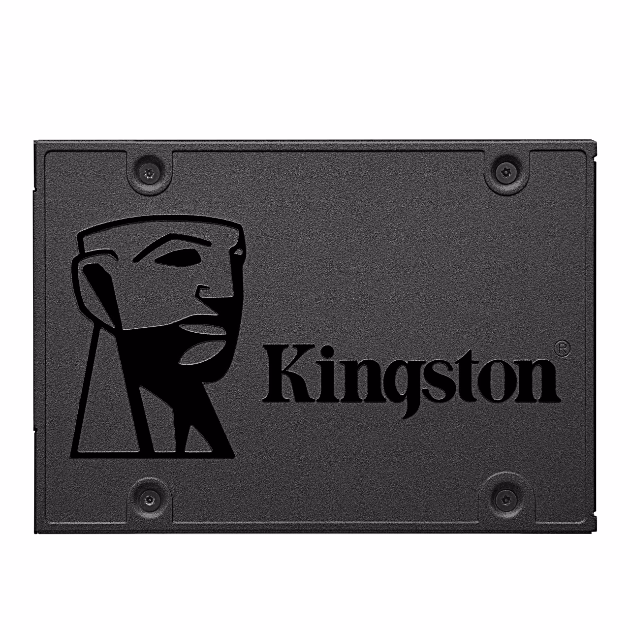 Musta korpusega Kingston A400 SSD-ketas otse pealt, Kingstoni logo