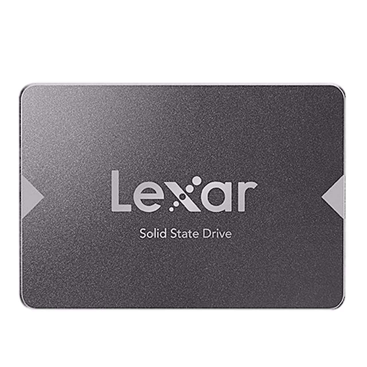 Hall Lexar NS100 SSD-ketas otse pealt, keskel Lexari logo
