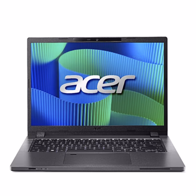 Avatud Acer TravelMate TMP214-55-G2 sülearvuti eestvaates, ekraanil Aceri logo