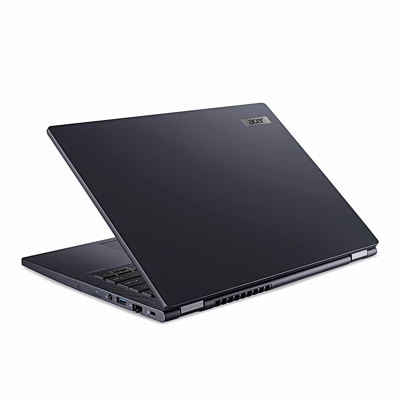 Acer TravelMate sülearvuti nurga alt tagant, kaas ja vasaku külje pordid