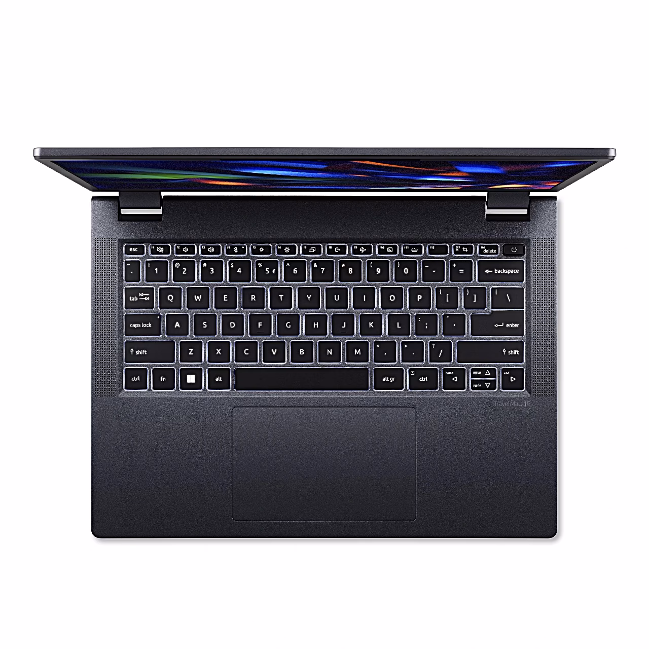 Acer TravelMate TMP414-53 taustvalgusega klaviatuur ja puuteplaat ülaltvaates