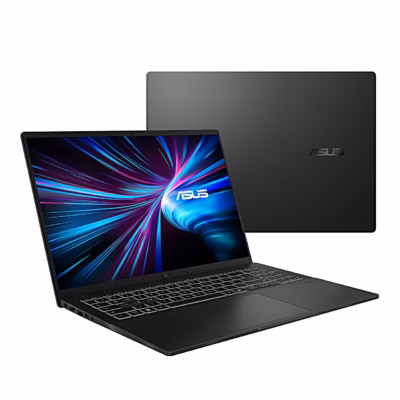 Must Asus V16 V3607VP sülearvuti avatuna, kõrval suletud kaas