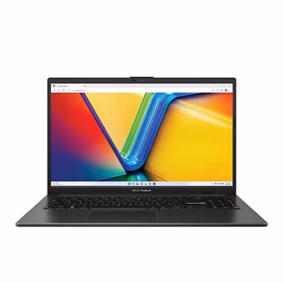 Avatud must sülearvuti ASUS Vivobook Go 15 E1504FA eestvaates värvilise ekraaniga